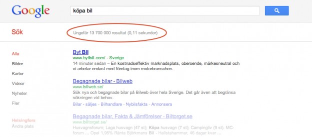 googlesökning på byta bil. Ett exempel på hur Google fungerar